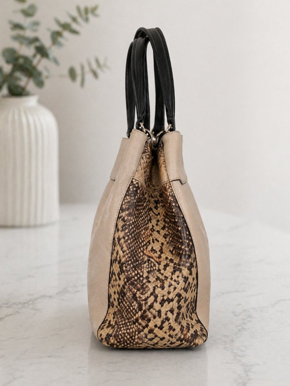 Coach Beige Leather Snake Print Trim Should Bag - Picture 4 of 7